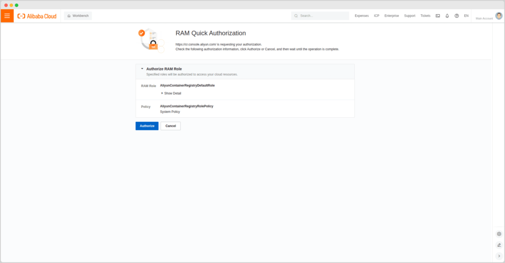 Alibaba Cloud Container Registry mengaktifkan RAM