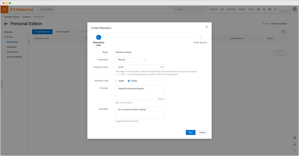 Tampilan form pengisian untuk membuat repository part 1