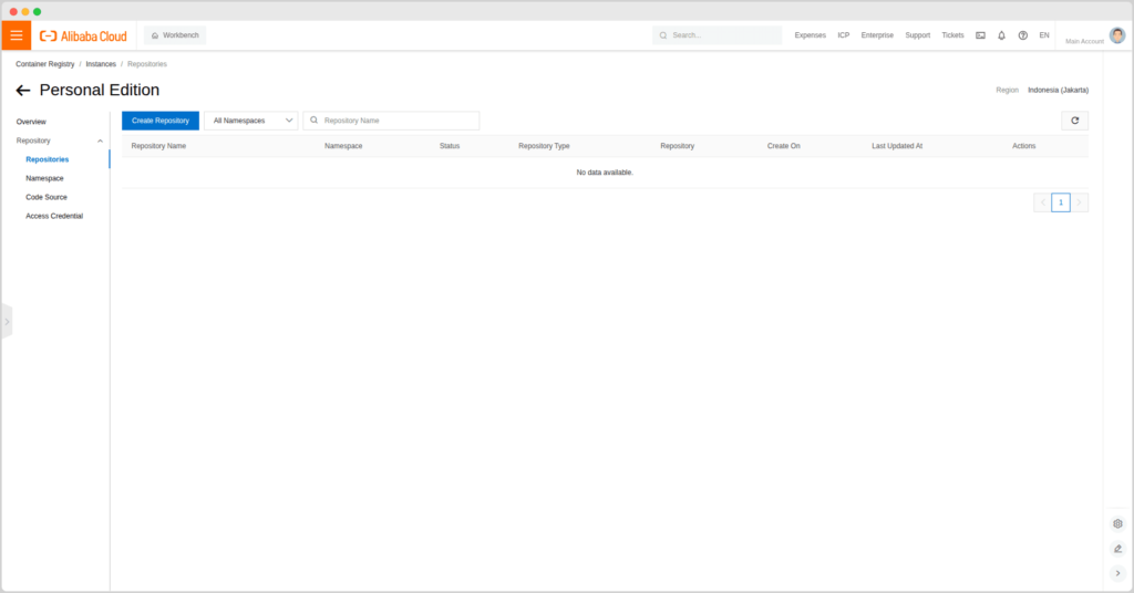 Tampilan dashboard repository alibaba cloud container registry